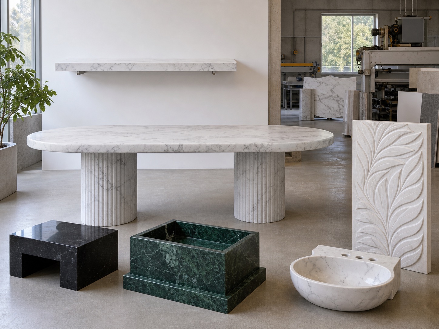 Custom marble table, stone bases, shelf, carved panel and vanity basin
