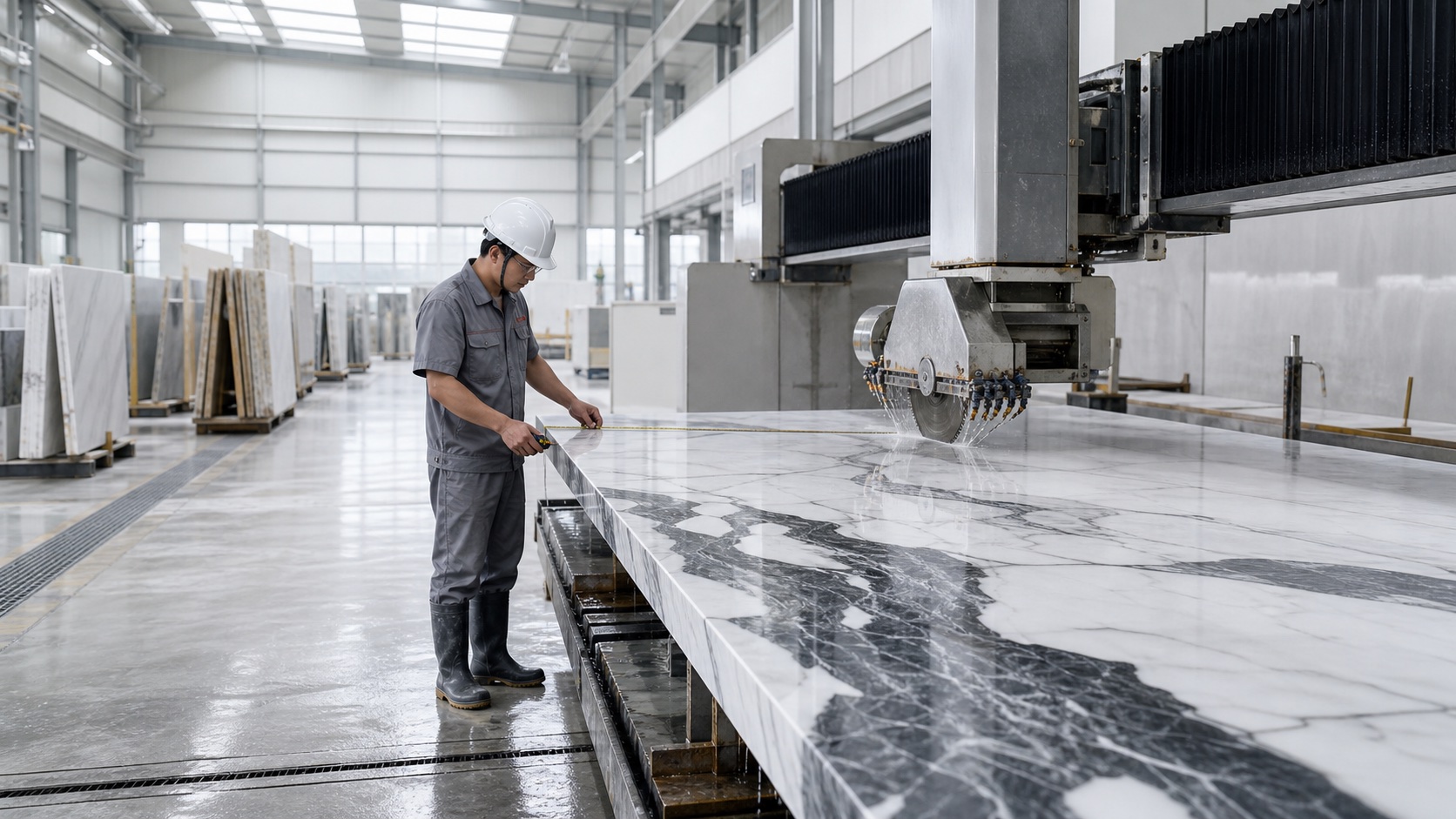 Precision cutting of a marble slab in the PAXELE Stone workshop